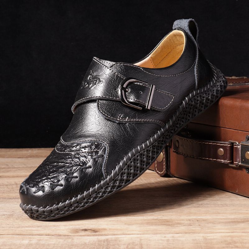 Zapatos Planos Casuales Cómodos Con Costura A Mano Para Hombres Suela Suave Hebilla Correa