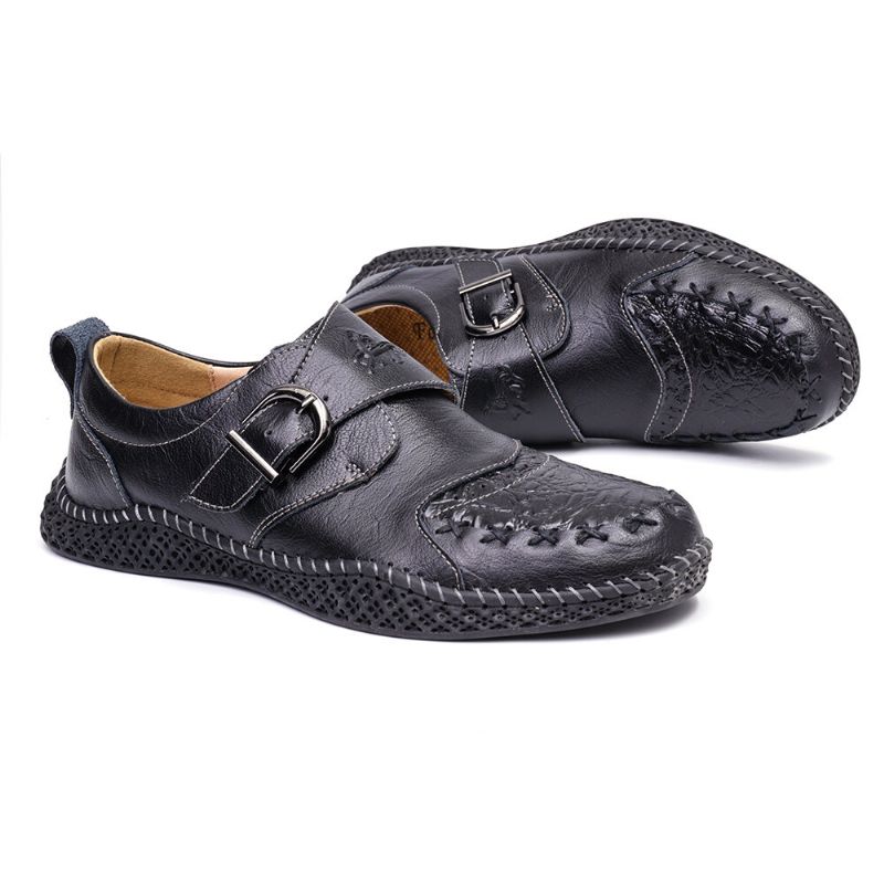 Zapatos Planos Casuales Cómodos Con Costura A Mano Para Hombres Suela Suave Hebilla Correa