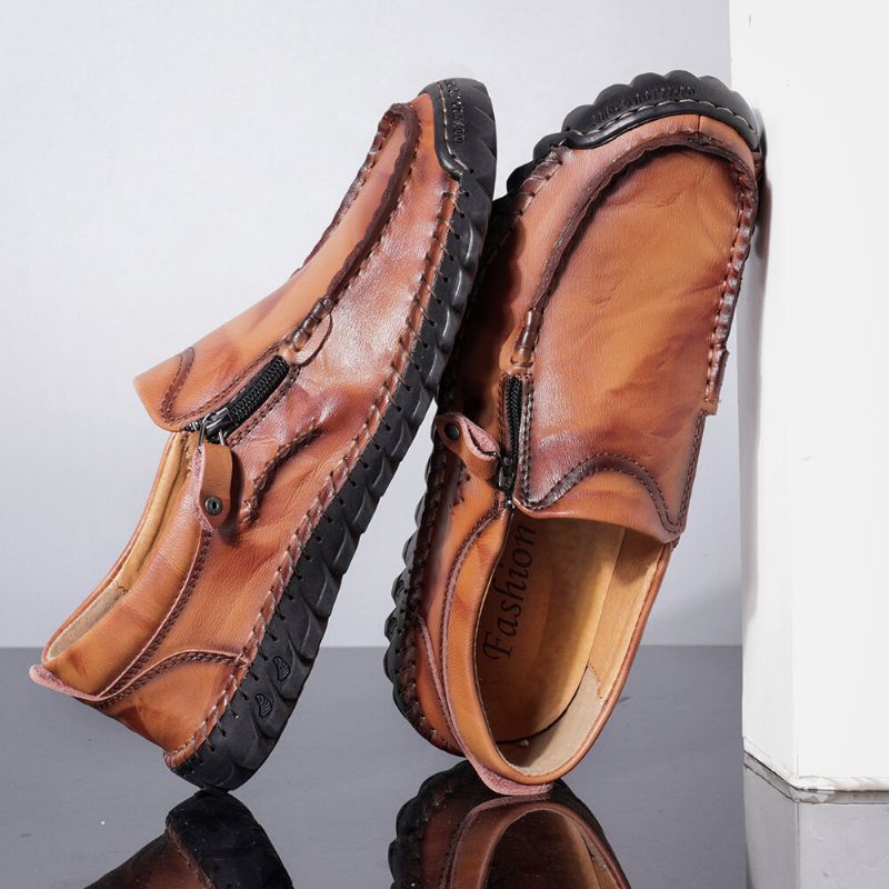 Zapatos Planos Casuales Con Cremallera Lateral Antideslizante Cosidos A Mano De Cuero Para Hombres