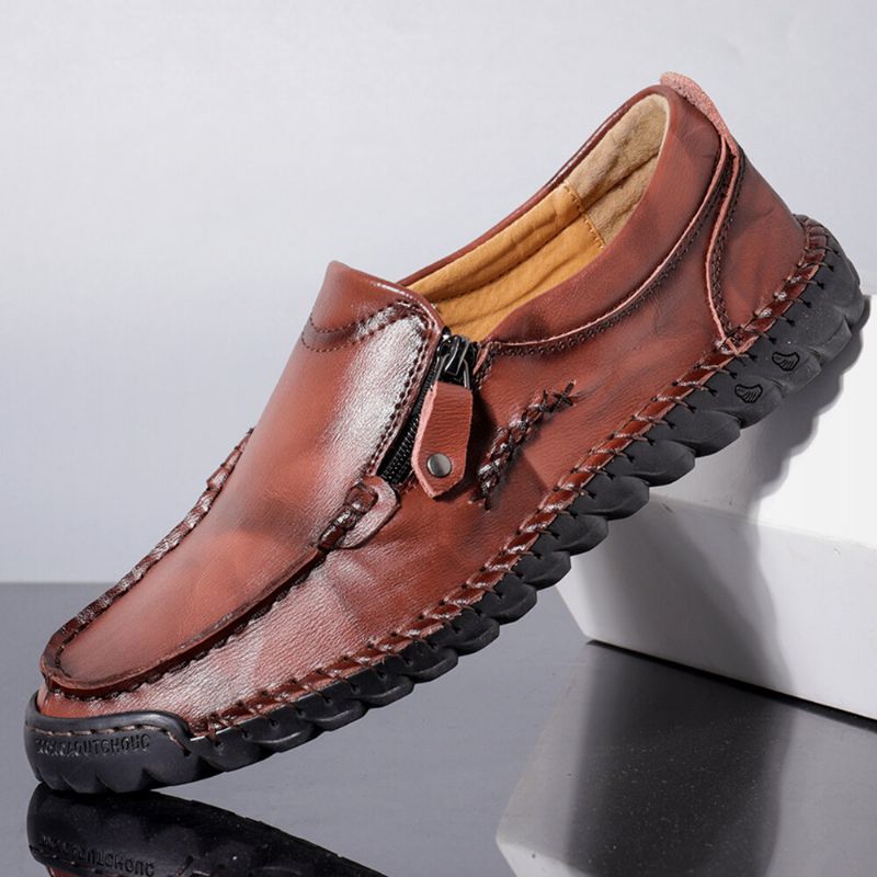 Zapatos Planos Casuales Con Cremallera Lateral Antideslizante Cosidos A Mano De Cuero Para Hombres