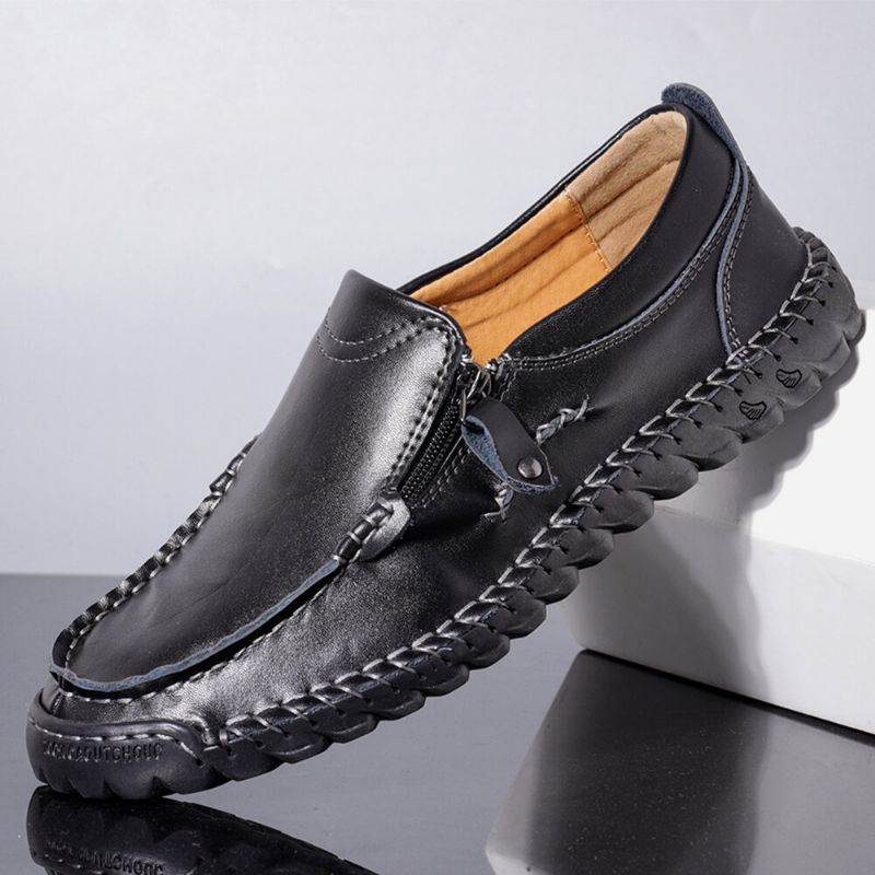 Zapatos Planos Casuales Con Cremallera Lateral Antideslizante Cosidos A Mano De Cuero Para Hombres