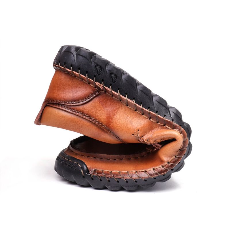 Zapatos Planos Casuales Con Cremallera Lateral Antideslizante Cosidos A Mano De Cuero Para Hombres