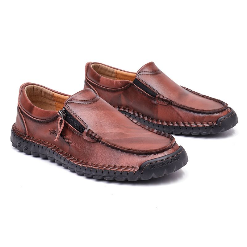 Zapatos Planos Casuales Con Cremallera Lateral Antideslizante Cosidos A Mano De Cuero Para Hombres