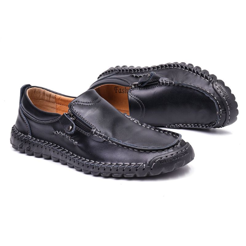 Zapatos Planos Casuales Con Cremallera Lateral Antideslizante Cosidos A Mano De Cuero Para Hombres