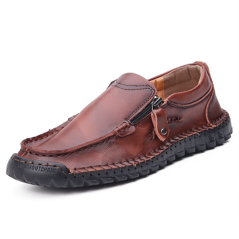 Zapatos Planos Casuales De Negocios Con Cremallera Lateral Suave De Cuero Cosido A Mano Para Hombres