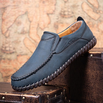 Zapatos Planos Cómodos Casuales De Cuero De Microfibra Con Costuras A Mano Para Hombre