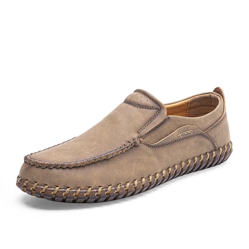 Zapatos Planos Cómodos Casuales De Cuero De Microfibra Con Costuras A Mano Para Hombre