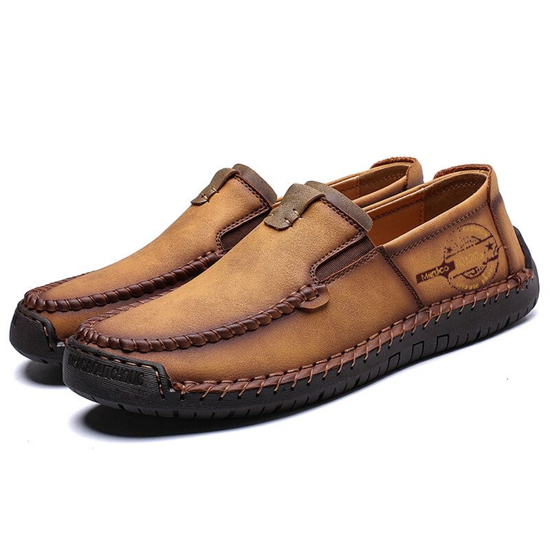 Zapatos Planos De Cuero Antideslizantes Con Costura A Mano Para Hombre