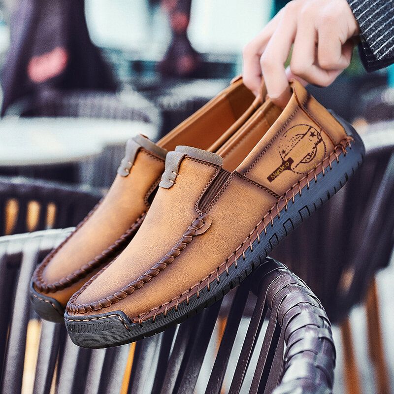 Zapatos Planos De Cuero Antideslizantes Con Costura A Mano Para Hombre