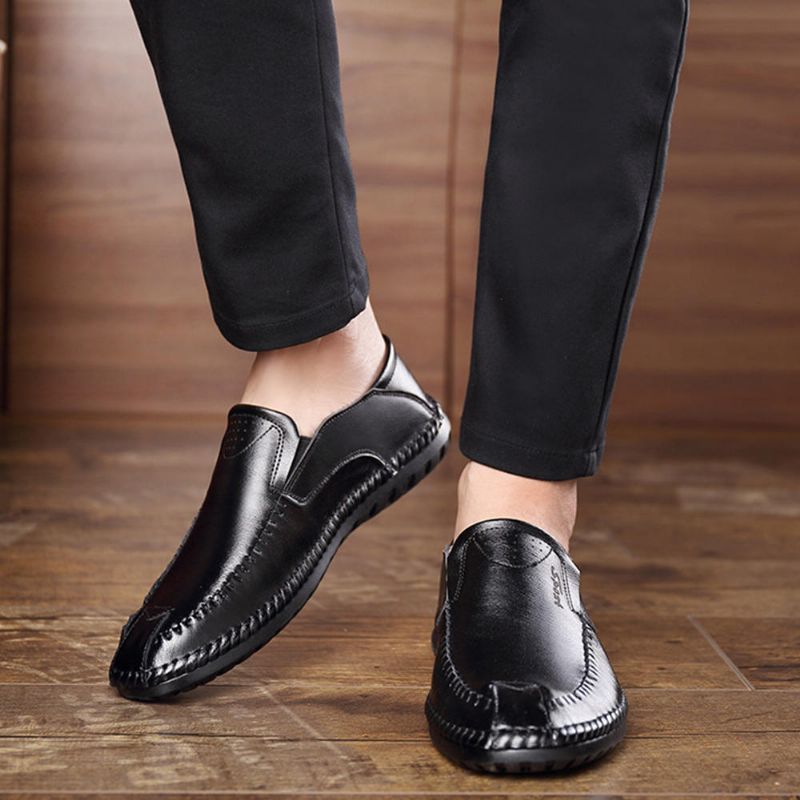 Zapatos Planos Informales De Negocios Con Costura A Mano De Cuero Suave Y Transpirable Para Hombre