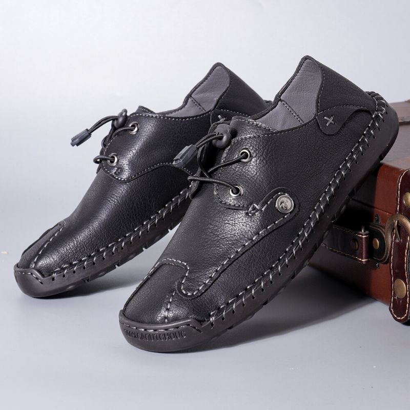 Zapatos Planos De Primavera Casuales Suaves Antideslizantes Con Costura A Mano De Cuero Genuino Para Hombres