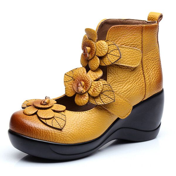 Zapatos De Plataforma Con Lazo Retro De Flor De Cuero Genuino Para Mujer