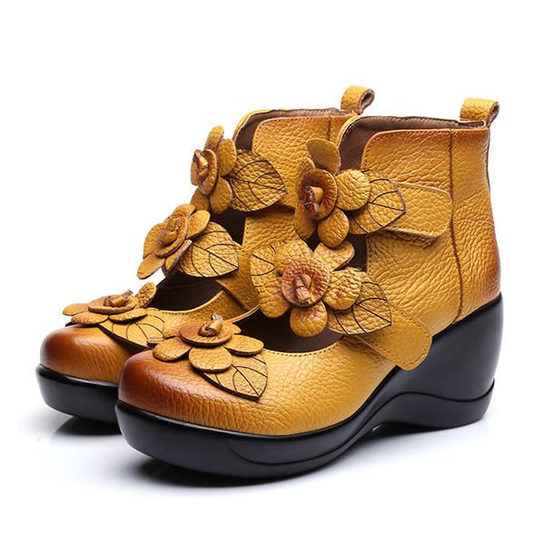 Zapatos De Plataforma Con Lazo Retro De Flor De Cuero Genuino Para Mujer