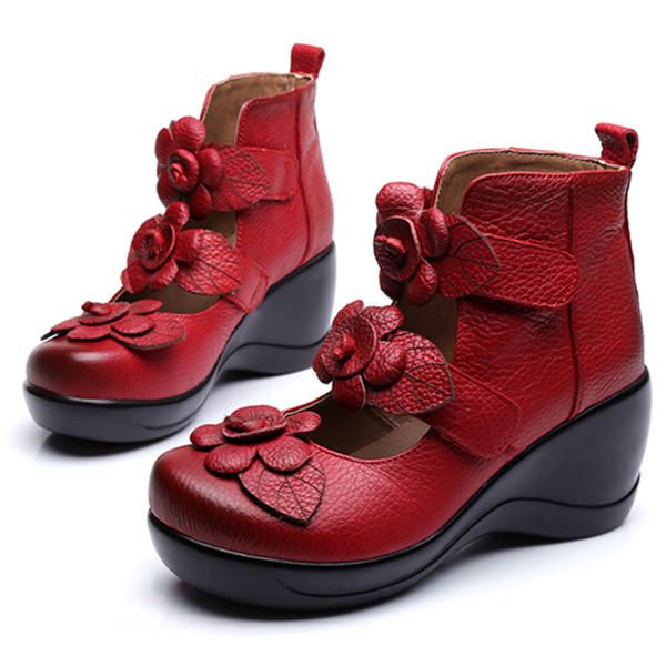 Zapatos De Plataforma Con Lazo Retro De Flor De Cuero Genuino Para Mujer