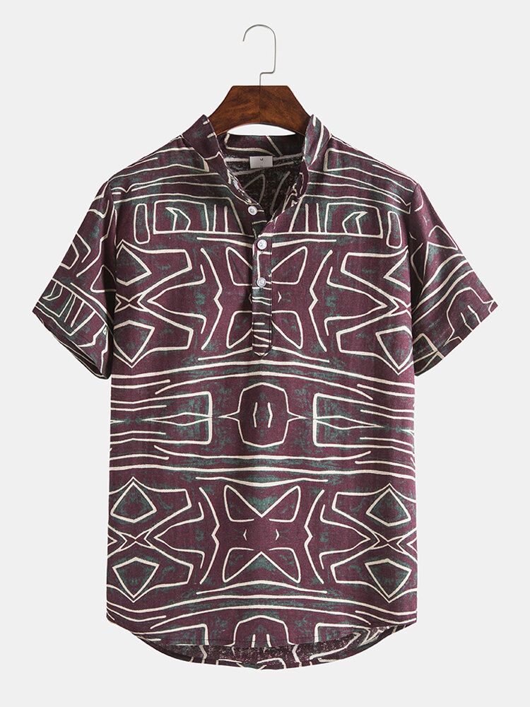 Algodón Para Hombre Diseño Líneas Geométricas Abstractas Camisas De Cuello Alto De Manga Corta Vintage