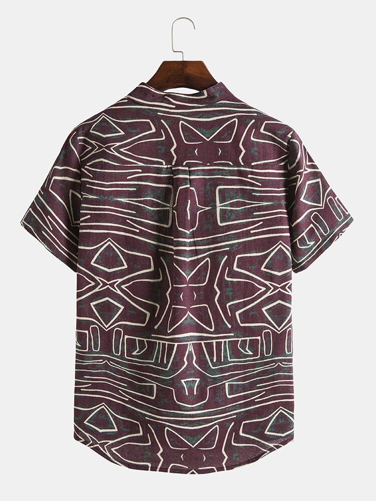 Algodón Para Hombre Diseño Líneas Geométricas Abstractas Camisas De Cuello Alto De Manga Corta Vintage