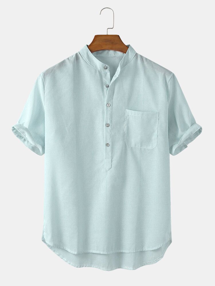 Algodón Rayas Verticales Cuello Alto Casual Manga Corta Camisetas Henley Para Hombre