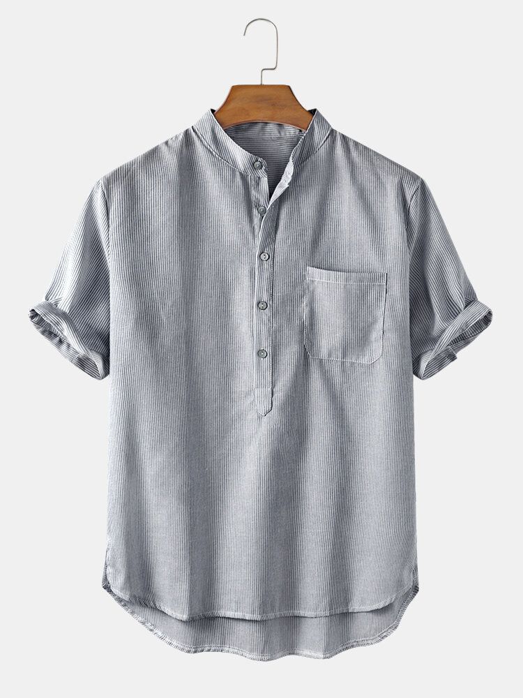 Algodón Rayas Verticales Cuello Alto Casual Manga Corta Camisetas Henley Para Hombre