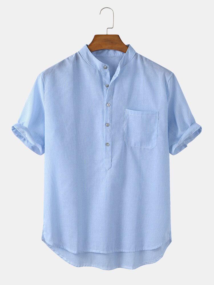 Algodón Rayas Verticales Cuello Alto Casual Manga Corta Camisetas Henley Para Hombre