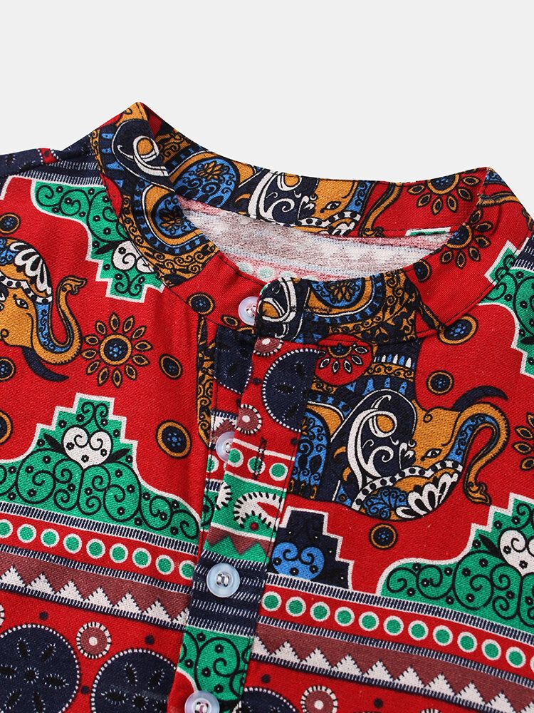 Algodón Ｍens Estampado Étnico Manga Corta Cuello Alto Estilo Vintage Camisas Henley