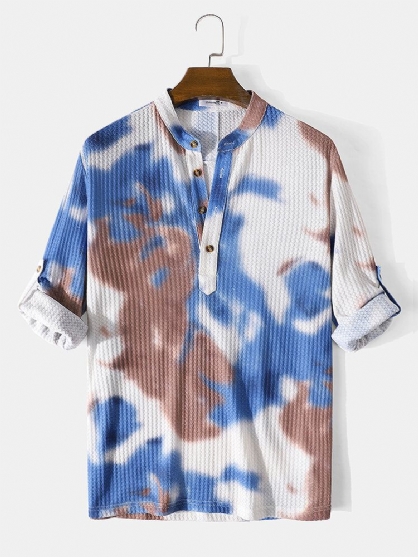 Camisa Henley Casual De Manga Larga Con Diseño De Gofres Tie-dye Para Hombre