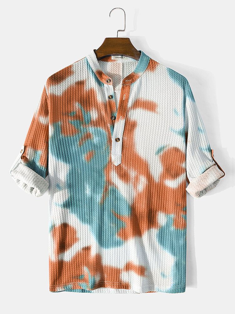 Camisa Henley Casual De Manga Larga Con Diseño De Gofres Tie-dye Para Hombre