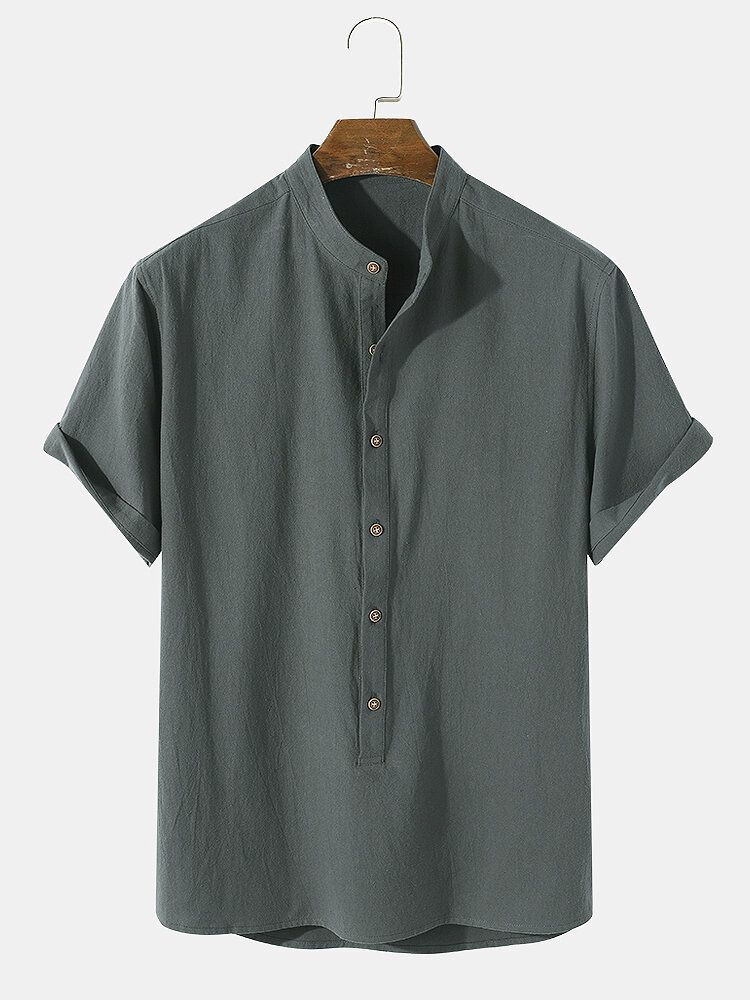 Camisa Henley De Manga Corta De 100% Algodón Liso De Estilo Básico Liso Para Hombre