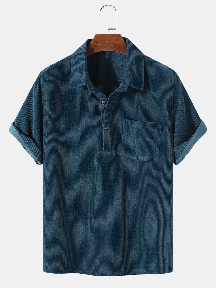 Camisa Henley De Manga Corta Con Solapa De Color Sólido De Pana Para Hombre