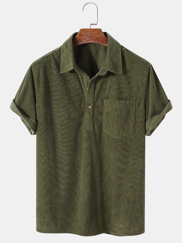 Camisa Henley De Manga Corta Con Solapa De Pana De Estilo Básico De Color Sólido Para Hombre