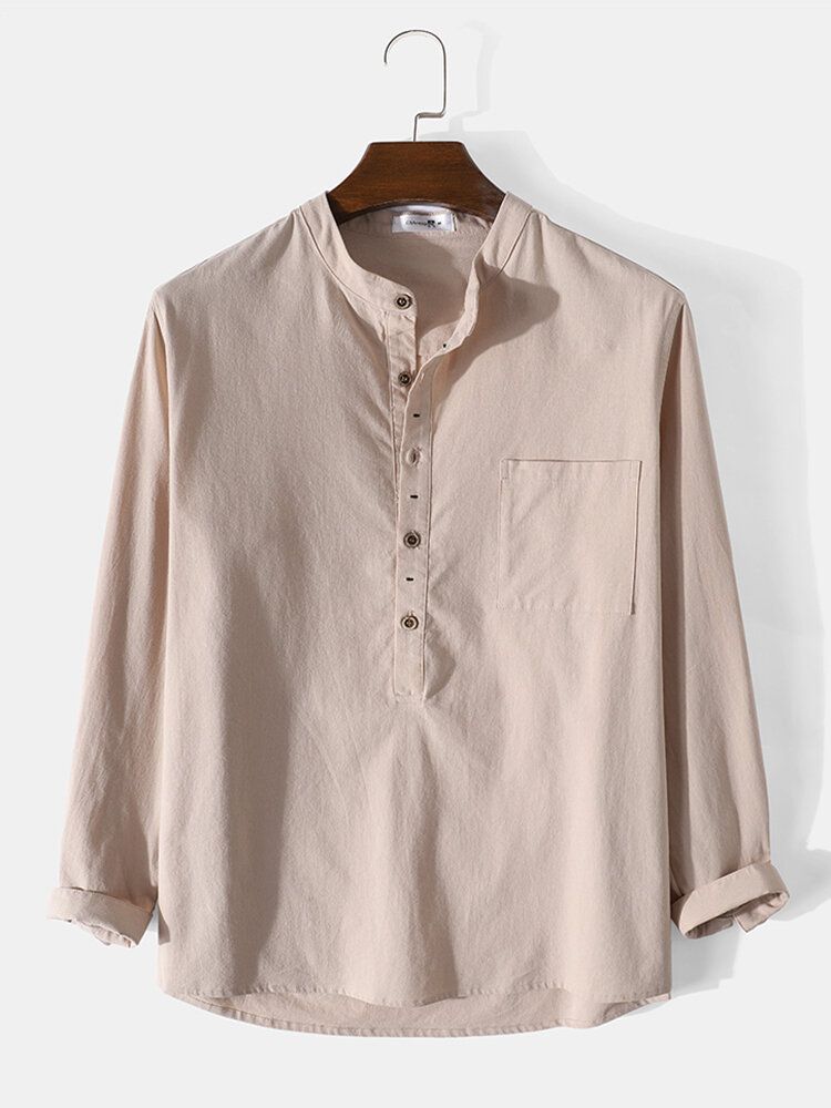 Camisa Henley De Manga Larga Con Botones Lisos 100% Algodón Para Hombre