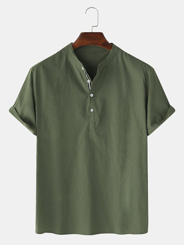 Camisas Henley De Algodón Casual De Manga Corta Con Cuello Alto De Color Sólido Para Hombre