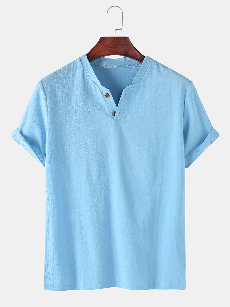 Camisas Henley Casuales De Manga Corta De Color Sólido 100% Algodón Para Hombres