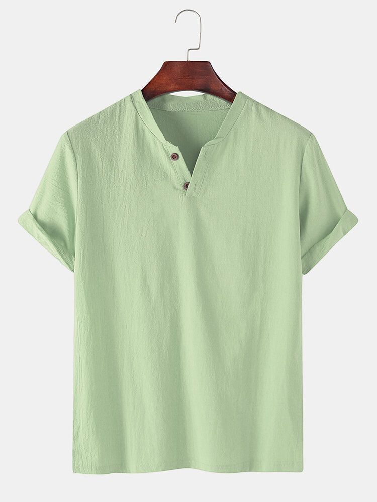 Camisas Henley Casuales De Manga Corta De Color Sólido 100% Algodón Para Hombres