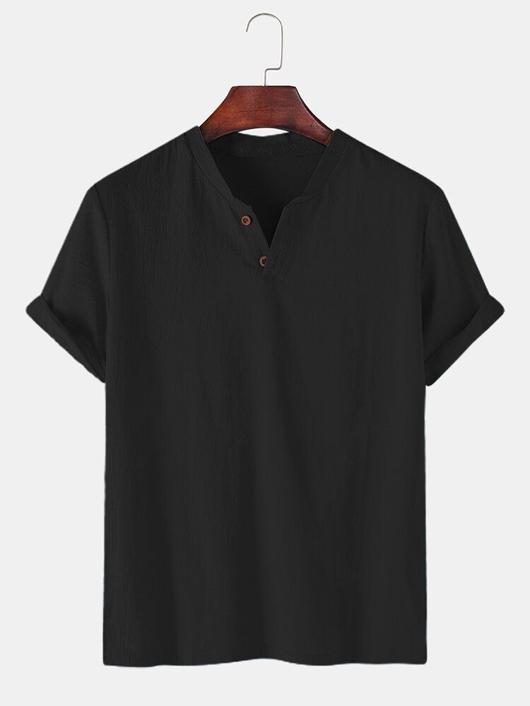 Camisas Henley Casuales De Manga Corta De Color Sólido 100% Algodón Para Hombres