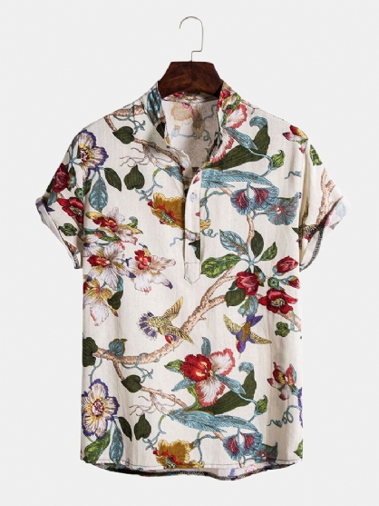 Camisas Henley Casuales De Manga Corta Con Estampado Floral Clásico De Vacaciones Para Hombre