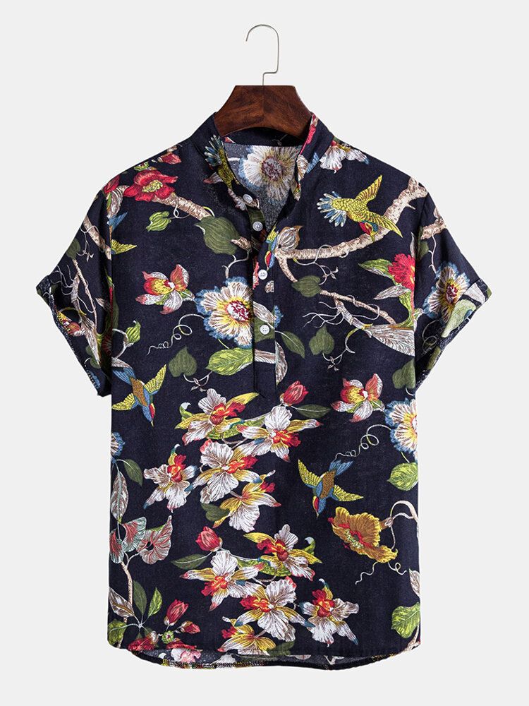 Camisas Henley Casuales De Manga Corta Con Estampado Floral Clásico De Vacaciones Para Hombre