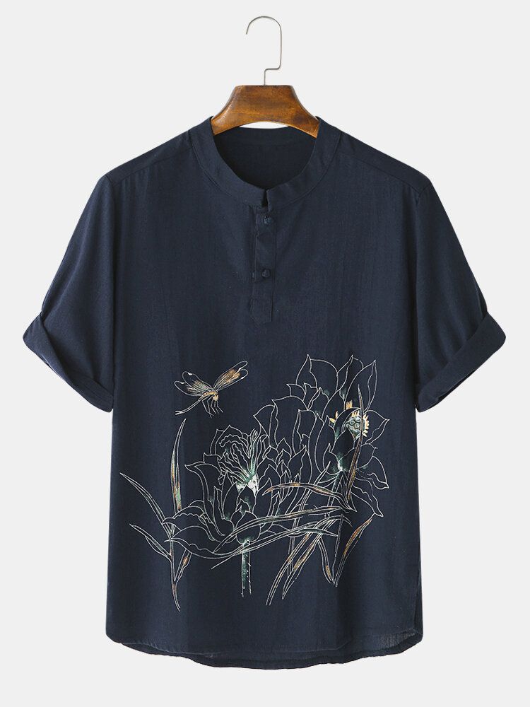 Camisas Henley Casuales De Manga Corta Con Estampado Floral De Estilo Chino Para Hombre