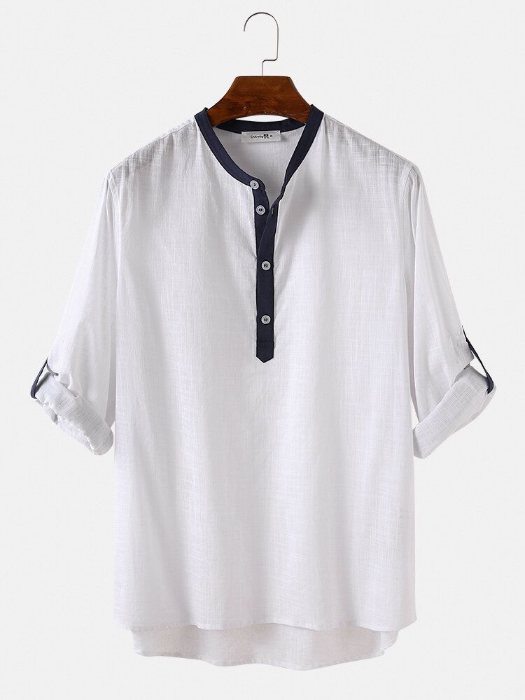 Camisas Henley Casuales De Manga Tres Cuartos Con Cuello Alto 100% Algodón Para Hombre