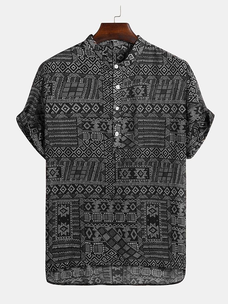 Camisas Henley Casuales Sueltas De Manga Corta De Estilo Étnico Con Estampado Abstracto Para Hombre