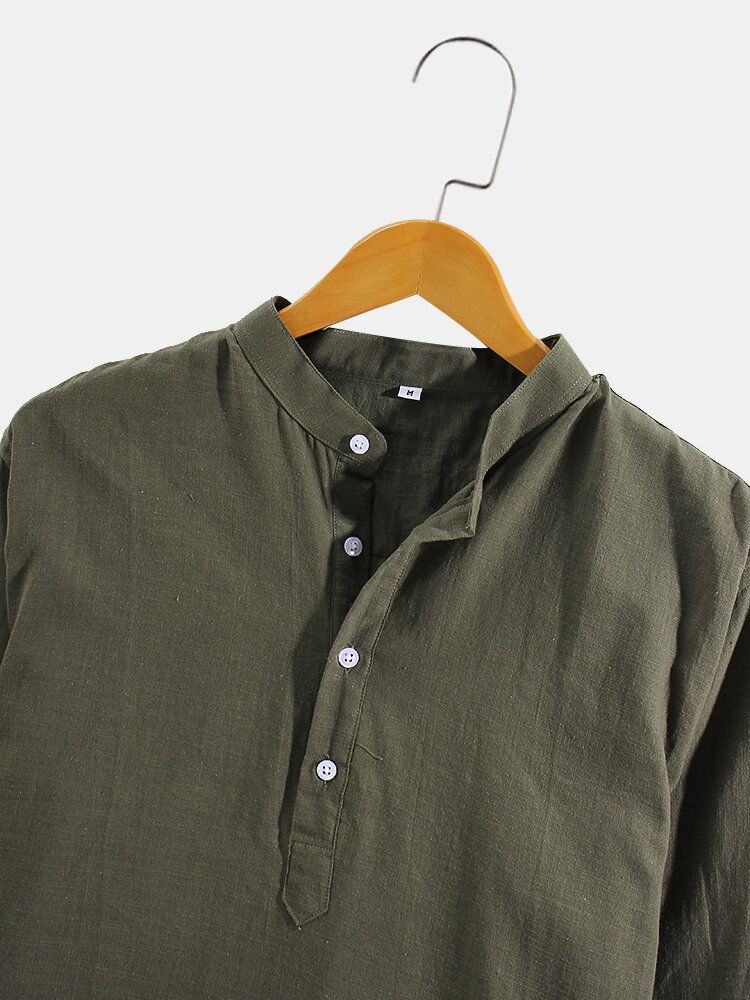 Camisas Henley Con Dobladillo Alto Y Bajo De Manga Larga De Color Sólido Vintage Para Hombre