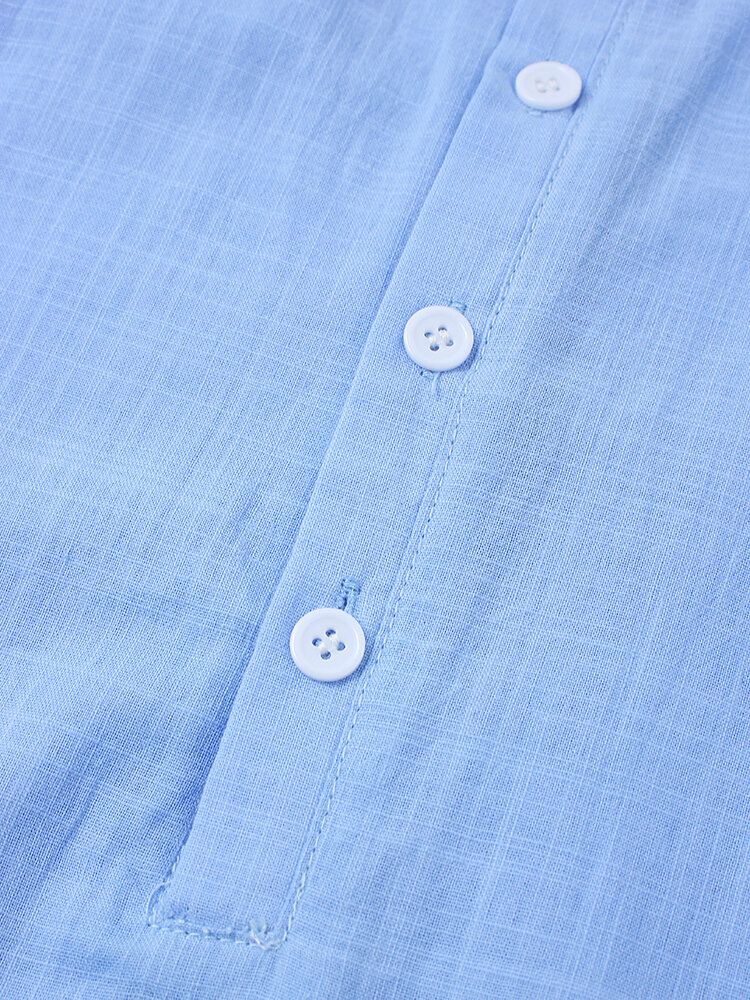 Camisas Henley Con Dobladillo Dividido De Manga Larga Informal De Lino De Algodón De Color Sólido Para Hombre