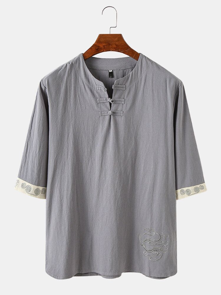 Camisas Henley Con Hebilla Bordadas De Dragón Oriental De Estilo Chino Para Hombre