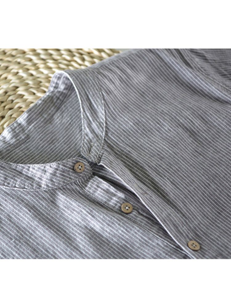 Camisas Henley Informales Transpirables De Media Manga A Rayas Con Botones De Algodón 100% Para Hombre