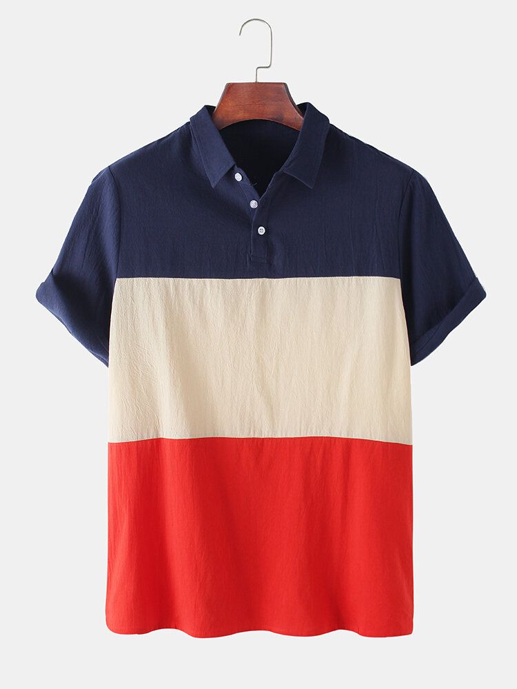 Camisas Henley De Manga Corta Con Bloque De Color De Algodón Transpirable Para Hombre