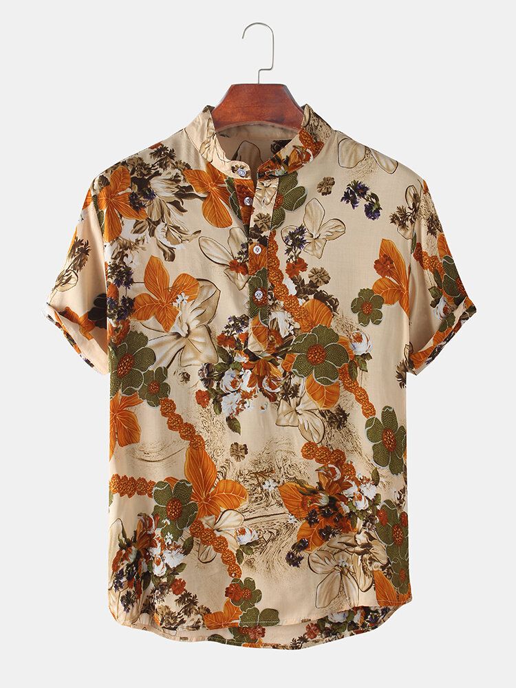 Camisas Henley De Manga Corta Con Estampado Floral Y Cuello Alto Para Hombre