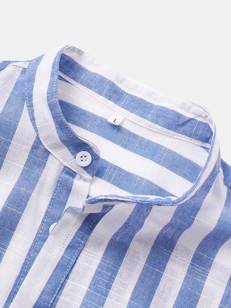 Camisas Henley De Manga Corta Transpirables Con Cuello Alto Y Rayas Verticales Para Hombre