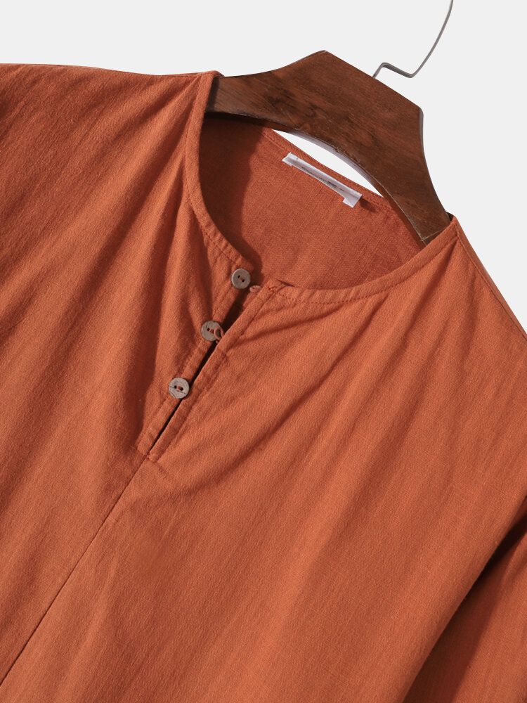 Camisas Henley De Manga Larga 100% Algodón De Color Sólido Básico Para Hombre