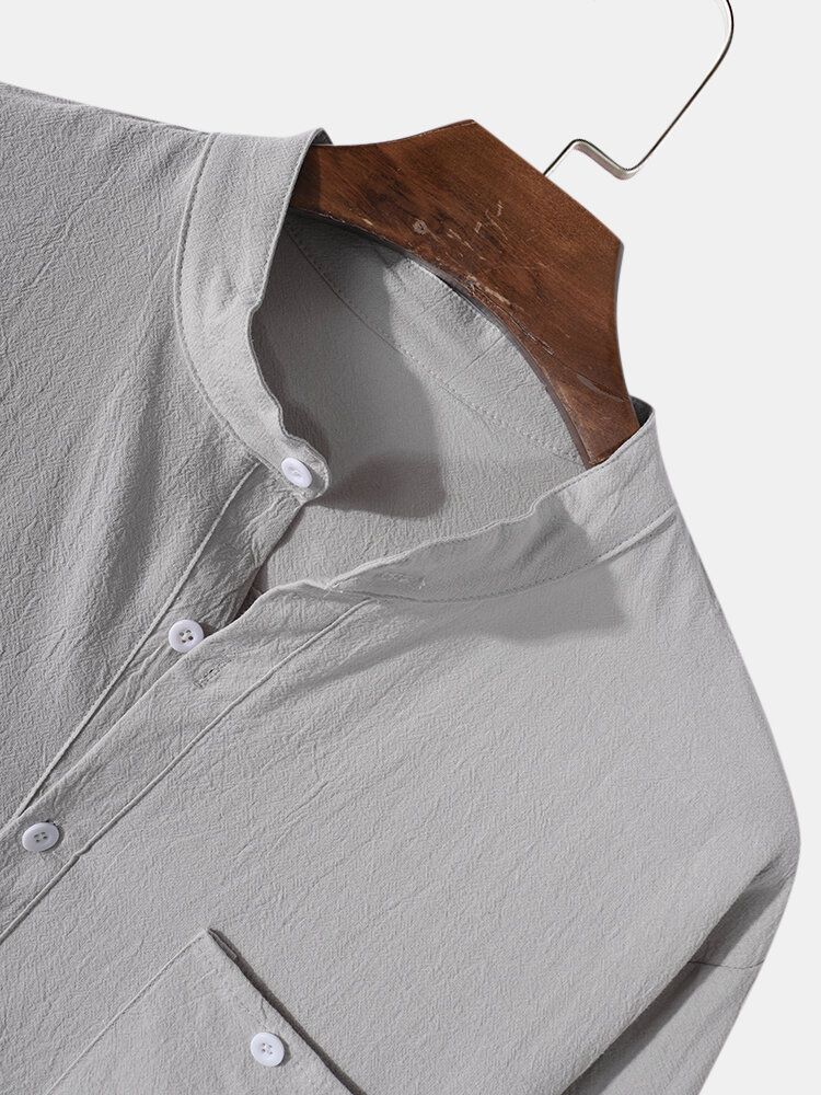 Camisas Henley De Manga Larga De Algodón Con Cuello Alto De Color Sólido Para Hombre Con Bolsillo