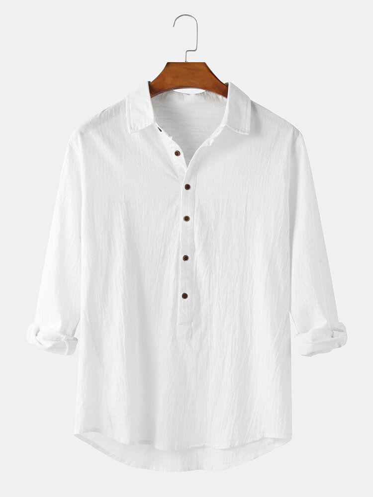 Camisas Henley De Manga Larga Con Cuello De Solapa De Color Sólido De Algodón Para Hombre