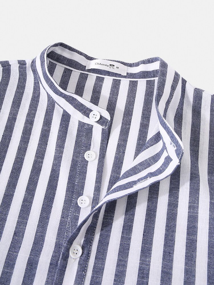 Camisas Henley De Manga Larga Con Estampado De Rayas De Algodón Clásico 100% Para Hombre